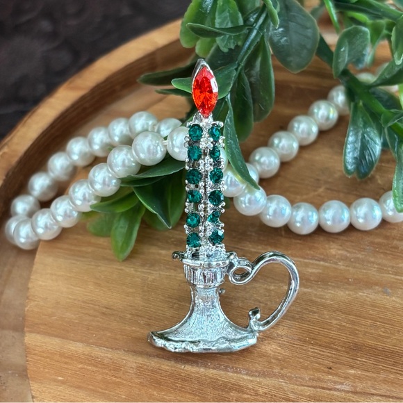 Dodd Jewelry - DODDs Christmas Candle Pin Brooch Vintage Silver Red Green Rhinestones Crystal